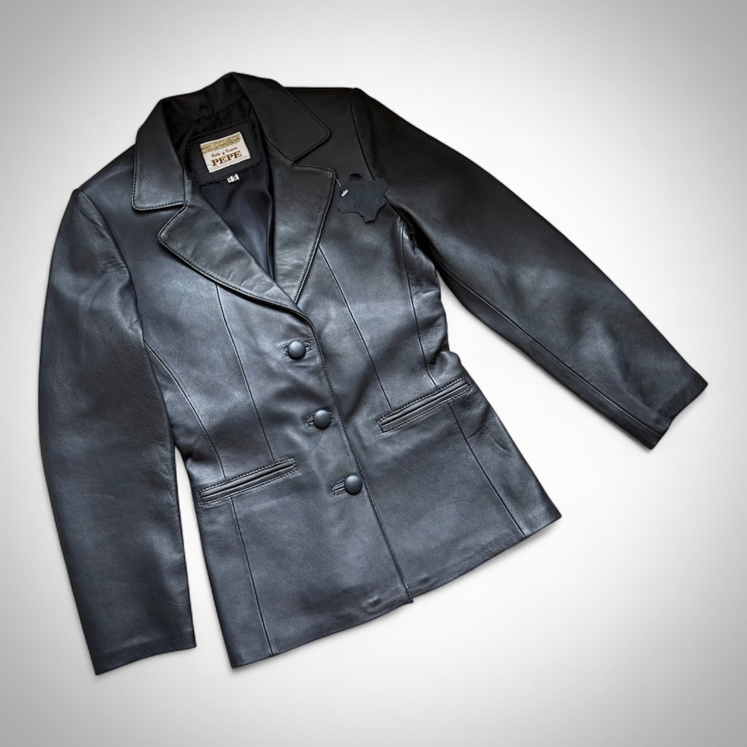 PEPE Black Genuine Leather Open-Chest Coat