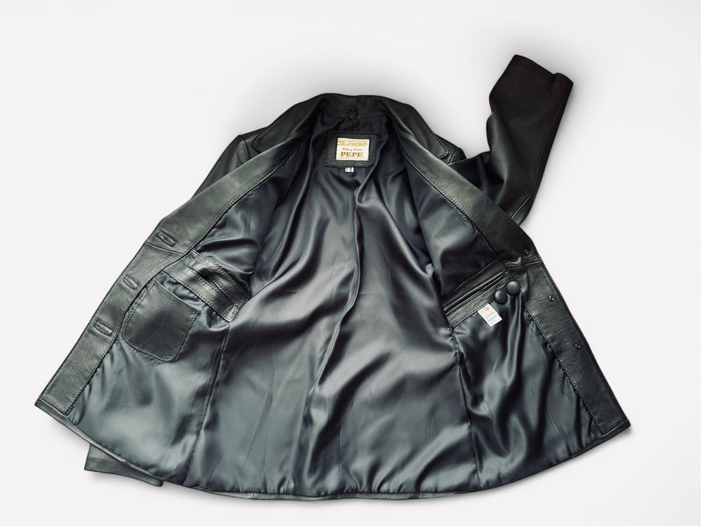 PEPE Black Genuine Leather Open-Chest Coat